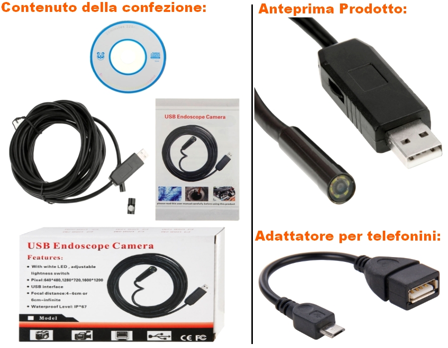 ENDOSCOPIO USB OTG TELECAMERA ISPEZIONE FLESSIBILE  LED 1.5 METRI ANDROID E PC 